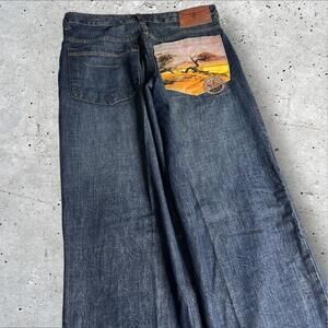 Vintage Mecca Jeans Mens Baggy Wide Leg Embroidered Hip Hop Skater 90s Y2K 34x34